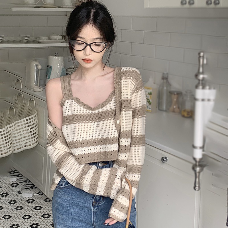 Set Áo Hai Dây + Áo Khoác Cardigan Họa Tiết Sọc Ngang Thời Trang Dành Cho Nữ