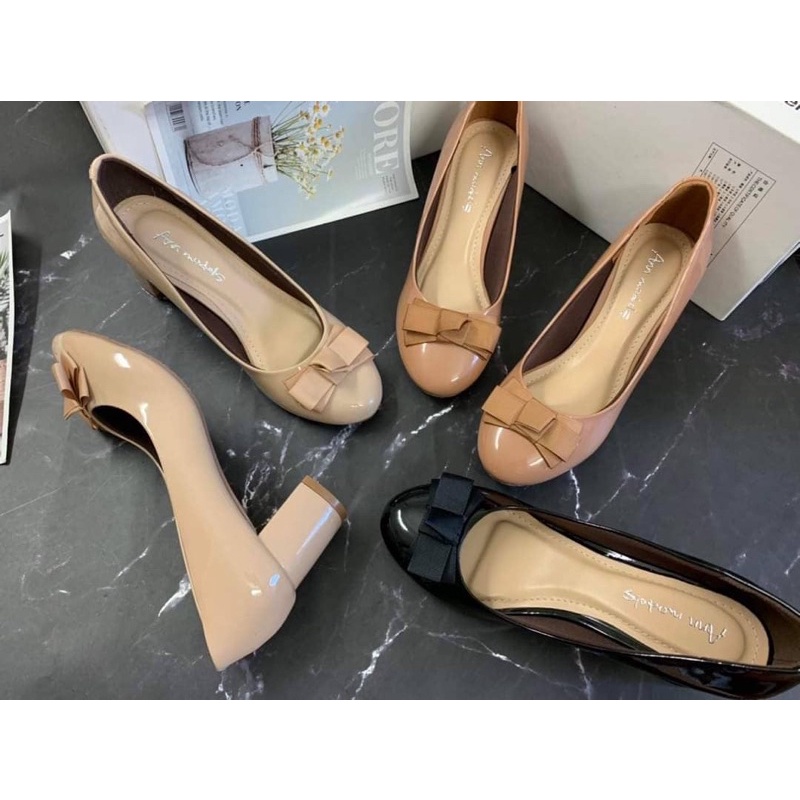 Giầy gót trụ nơ vải xếp siêu xinh