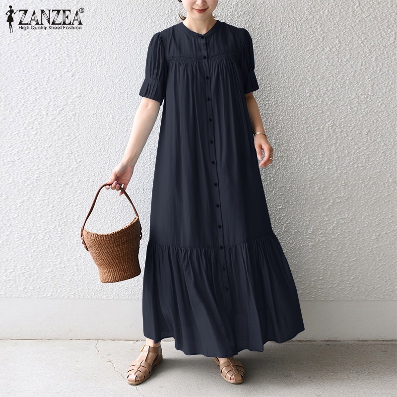 Đầm dài ZANZEA cổ tròn tay ngắn xếp ly màu trơn đơn giản thời trang cho nữ