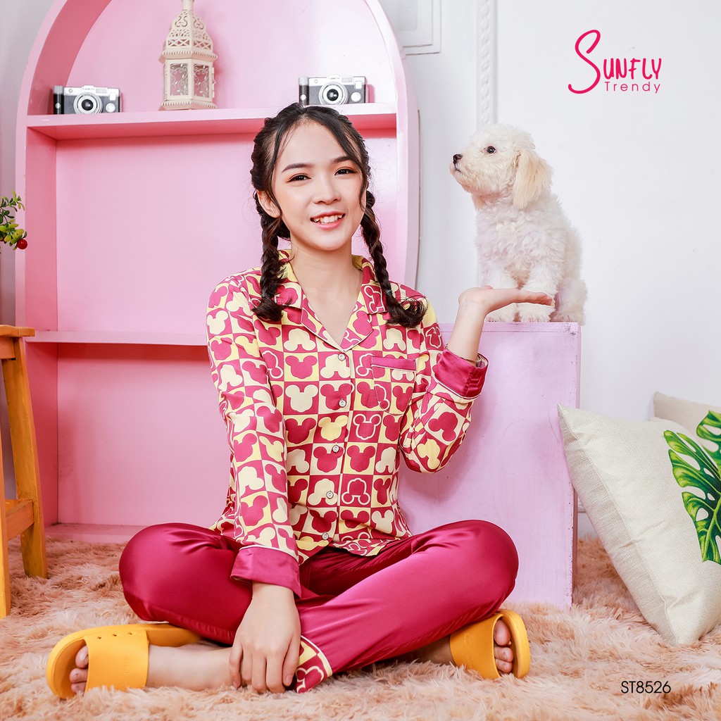 Đồ bộ Pijamas lụa SUNFLY áo dài tay, quần dài ST8526