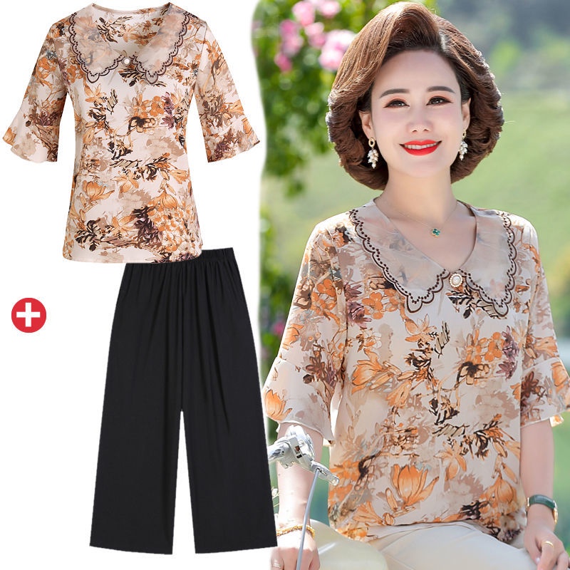 ❧◈✶Váy mùa hè của bà mẹ trung niên và người lớn tuổi áo sơ mi voan ngắn tay phù hợp với phụ nữ quần dài hai mảnh