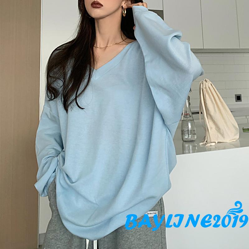 Áo thun tay dài cổ tròn dáng rộng màu sắc thời trang cho nữ