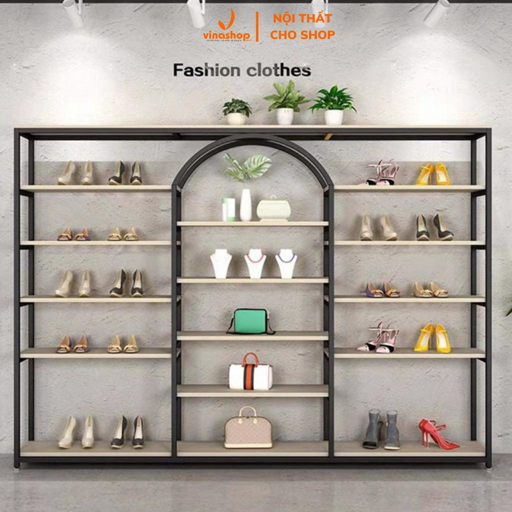 Kệ khung sắt mặt gỗ trưng đồ shop mỹ phẩm, giày dép, túi xách, phụ kiện . . VNS-002