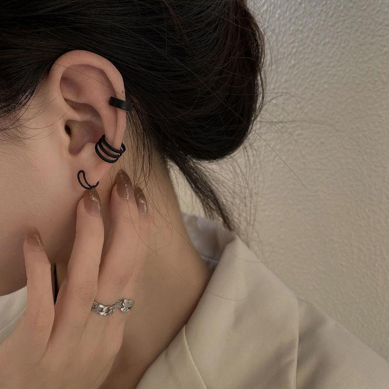 Bộ Ba Khuyên Kẹp Tai Hình Chữ C Màu Đen Đơn Giản Không Cần Xỏ Lỗ