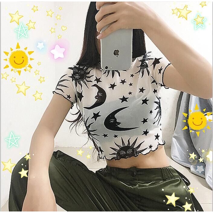 Áo croptop tay ngắn xuyên thấu quyến rũ cho nữ