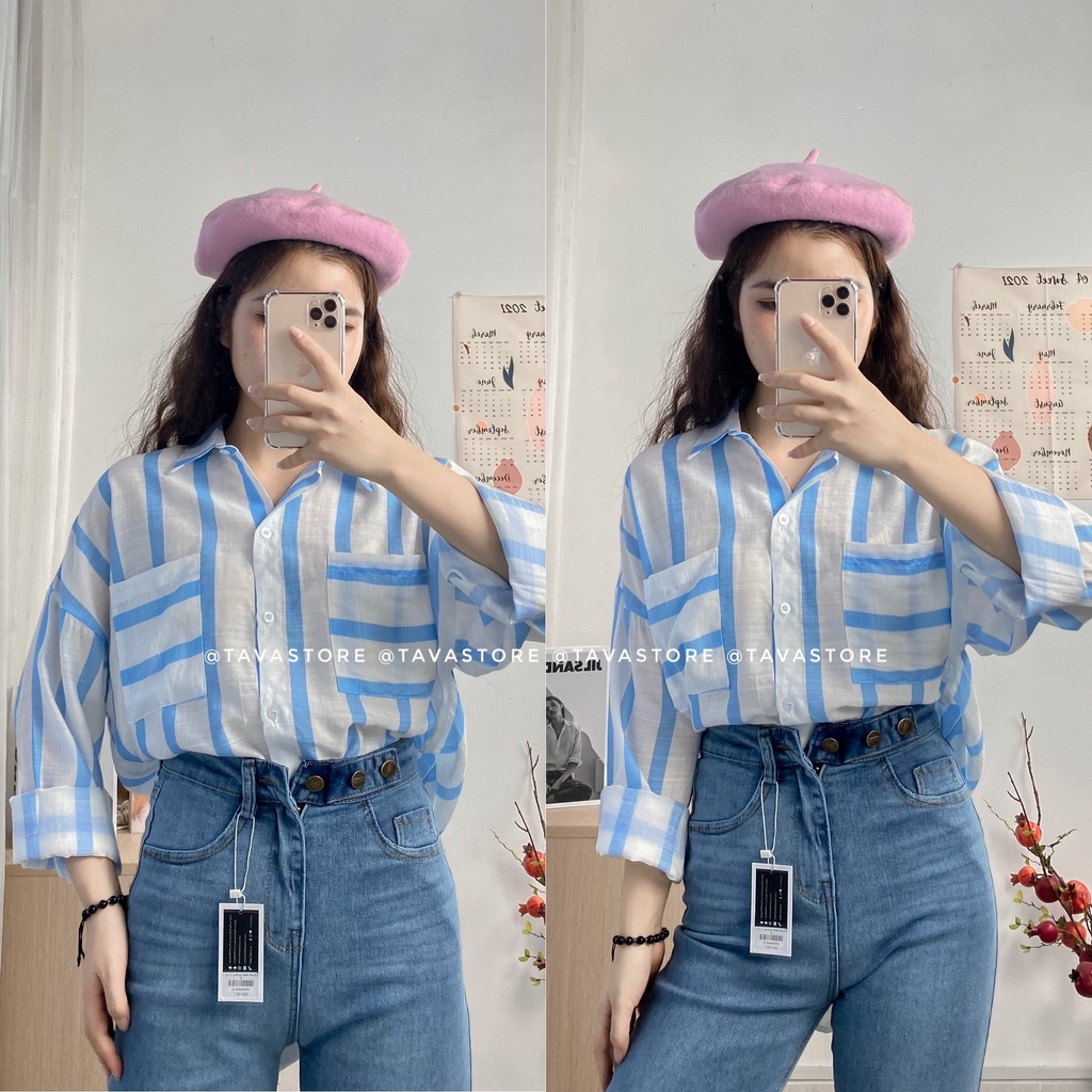 Áo sơmi sọc to 2 túi