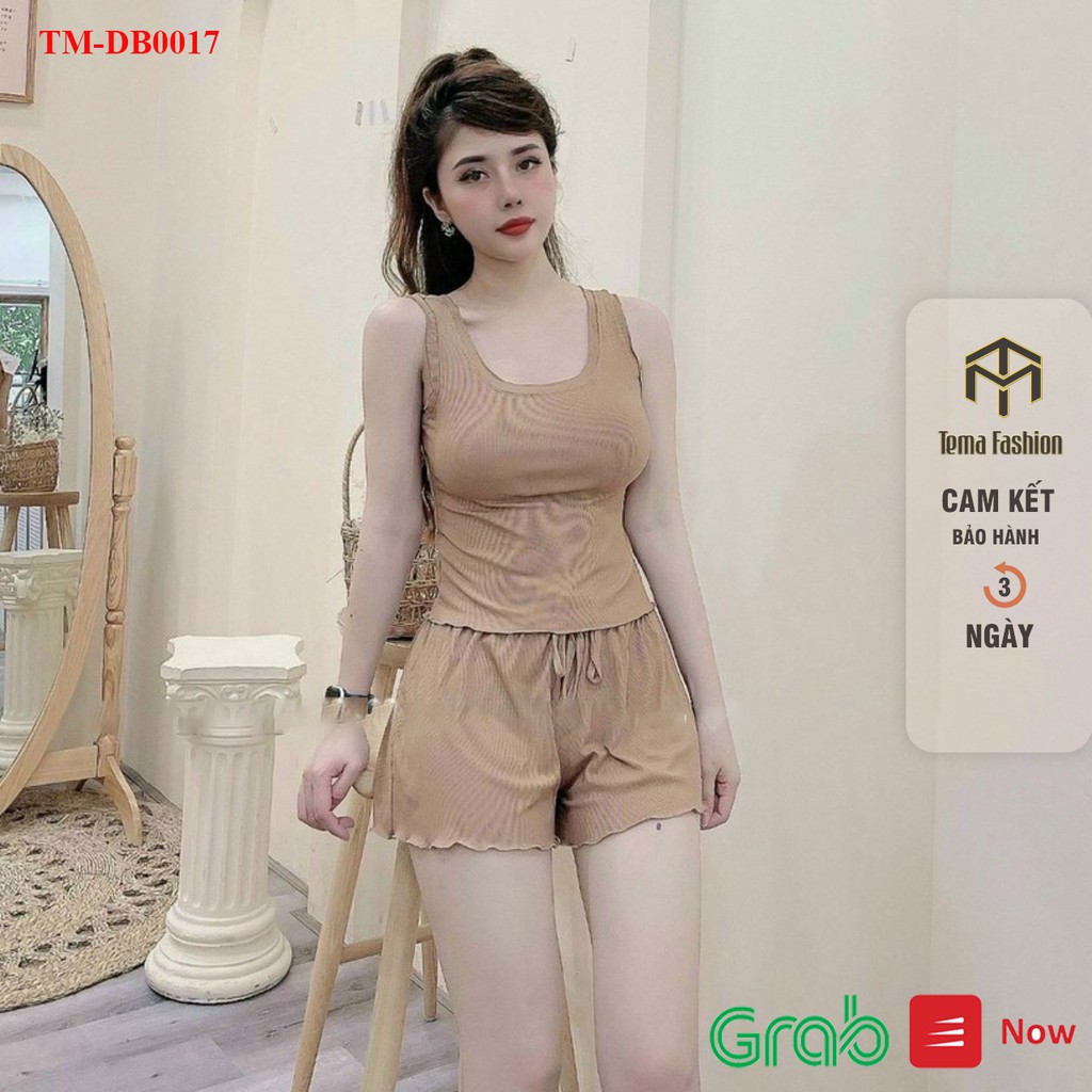 Đồ bộ nữ TEMA - Đồ ngủ nữ mặc ở nhà gồm áo hai dây viền bèo kèm quần đùi len tăm siêu mát | BigBuy360 - bigbuy360.vn