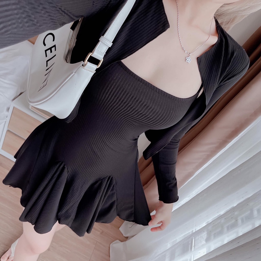 Set váy 2 dây xoè bèo kèm áo khoác cadigan gân tăm phong cách ulzzang Hàn Quốc đi dự tiệc đi chơi siêu xinh