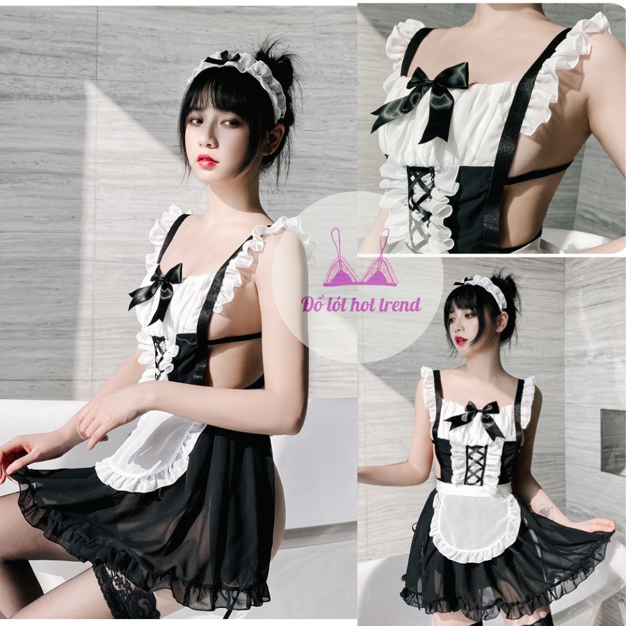 Set đồ ngủ sexy Cosplay hầu gái cao cấp hở lưng cá tính gợi cảm - Tặng kèm bờm tóc, quần lót lọt khe | BigBuy360 - bigbuy360.vn