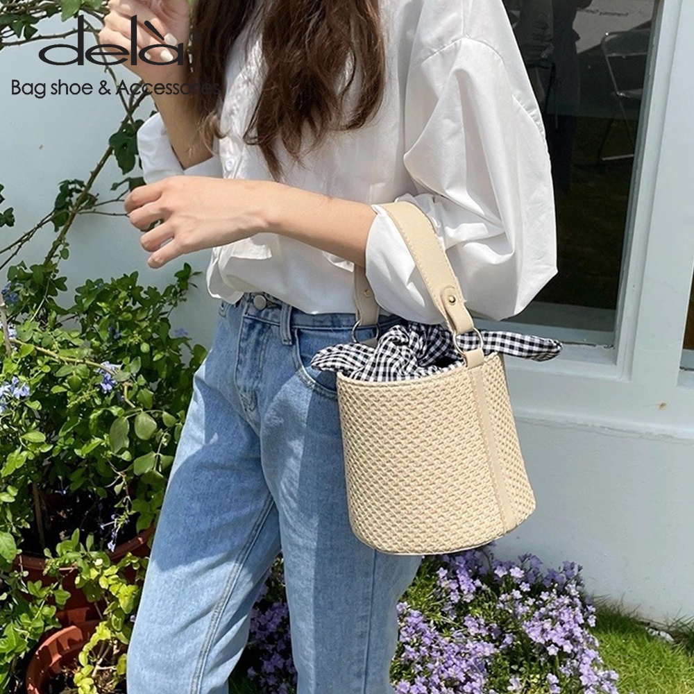 Dela Túi xách nữ đeo chéo túi xô dệt rơm cho phụ một vai thời trang cho phụ nữ trong túi dệt