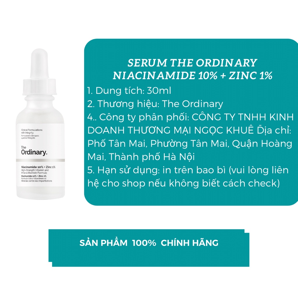 Serum The Ordinary Niacinamide 10% + Zinc 1% giảm mụn, se khít lỗ chân lông, trắng sáng da