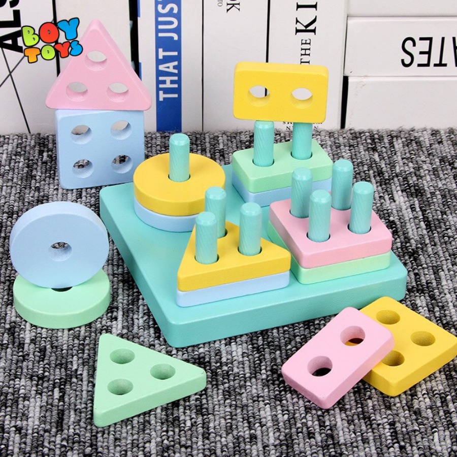Đồ chơi giáo dục cột gỗ hình học xoay 3D cho bé phát triển kỹ năng