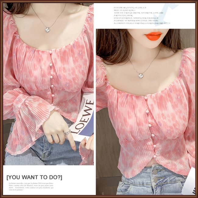 Áo Sơ Mi Chiffon Cổ Vuông Tay Loe Xếp Ly In Họa Tiết Phong Cách Pháp Cổ Điển Thời Trang Cho Nữ