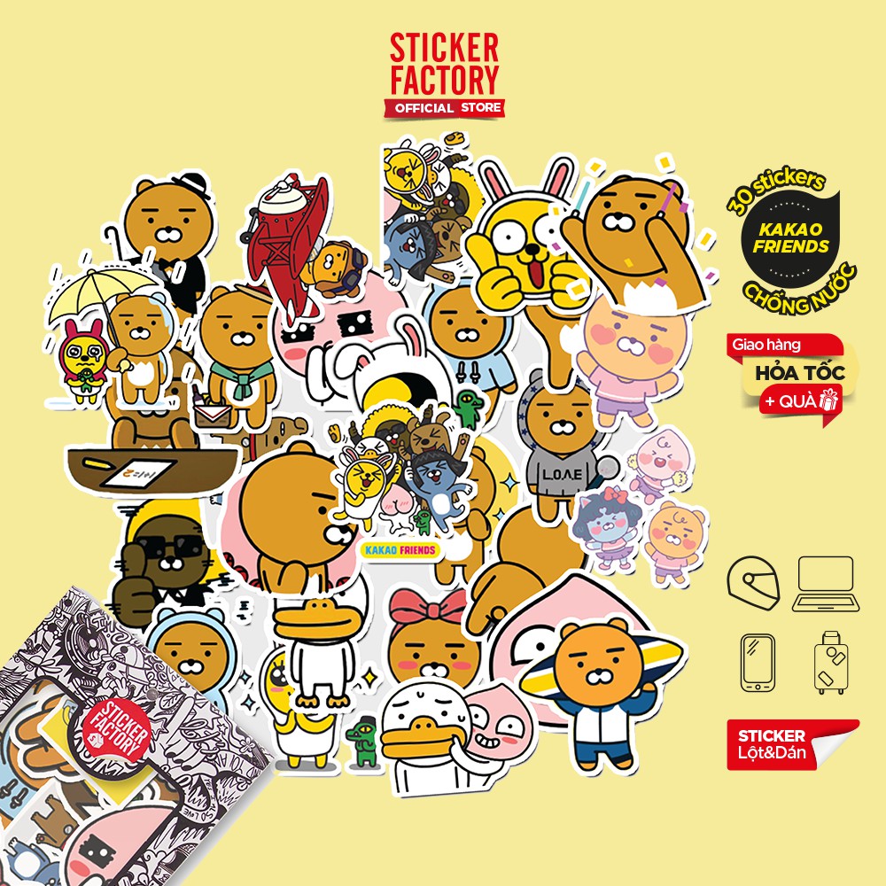 Hộp set 30 sticker decal hình dán nón bảo hiểm , laptop, xe máy, ô tô STICKER FACTORY - Kakao Friend