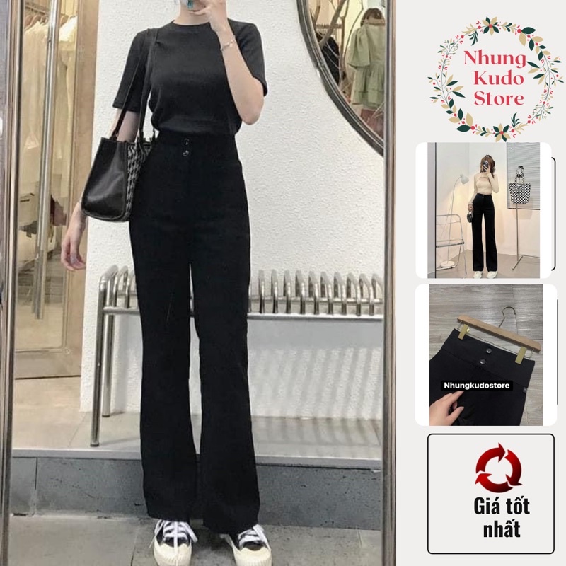 Quần ống loe cạp 2 cúc, quần ống vẩy chất kaki jeans giấy co giãn phong cách sang chảnh Hàn Quốc Nhungkudostore