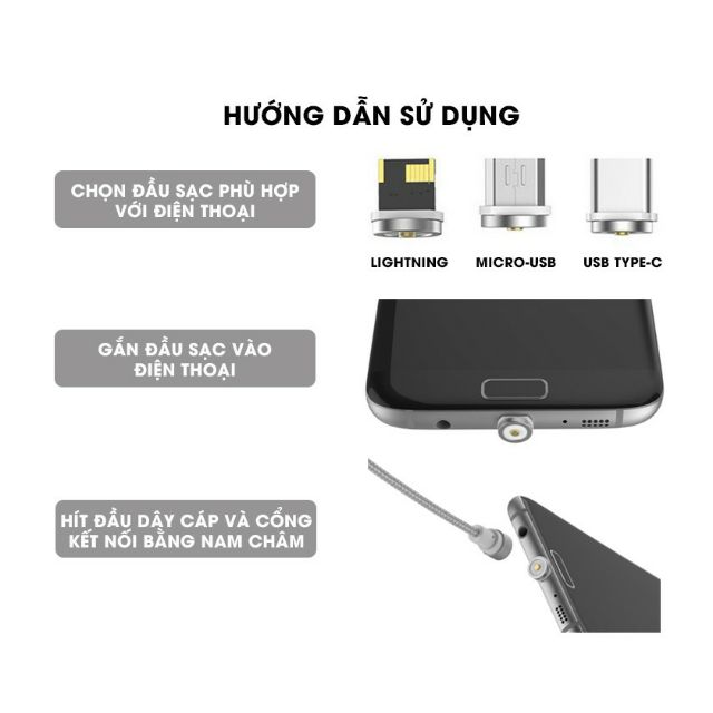 🔴Đang Sale - Cáp Sạc Từ Hít Nam Châm 3 Đầu Lightning, Micro USB, TYPE-C Tròn Xoay 360 Độ Siêu Bền, Có LED Xịn Xò.