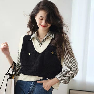 Áo Len Cổ Chữ V Màu Sắc Tương Phản Thời Trang Xuân Thu Cho Nữ