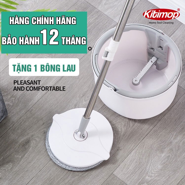 Bộ lau nhà thông minh Kitimop-K8 thùng vắt xoay tròn nhựa PP, Cán inox dài 134cm, miếng lau 25cm Microfiber