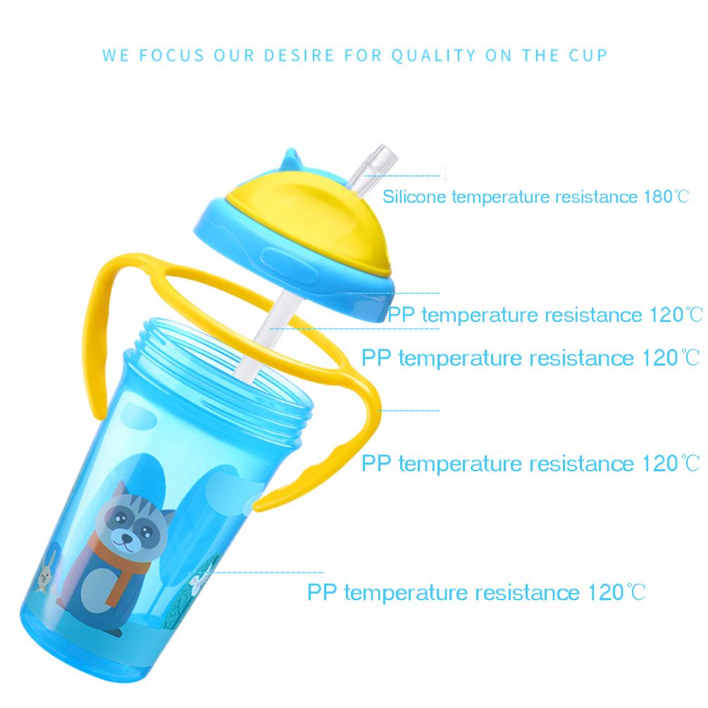 Bình Uống Nước 300ml Bằng Silicon Chống Rò Rỉ Có Tay Cầm Và Ống Hút Họa Tiết Hoạt Hình Dễ Thương Cho Bé