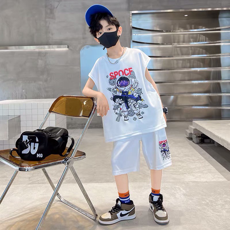 Bộ đồ bé trai Con Xinh cotton sát nách hình in Phi hành gia,thời trang mùa hè dành cho bé từ 4 đến 10 tuổi