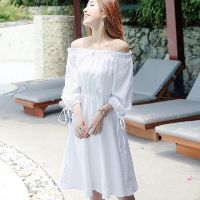 Váy trễ vai rút tay màu trắng kèm ảnh thật