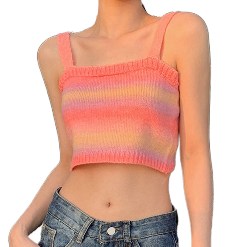 Áo Croptop Dệt Kim Không Tay Dáng Ôm Họa Tiết Kẻ Sọc Nhiều Màu Sắc Dành Cho Nữ