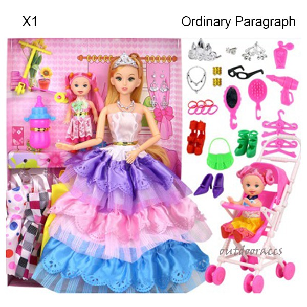 58PCS Barbie Doll Set with 6 Dress and 1 Baby Doll Cloth-replaceable Princess Play House Jointed Toy Kit for Girl Kids