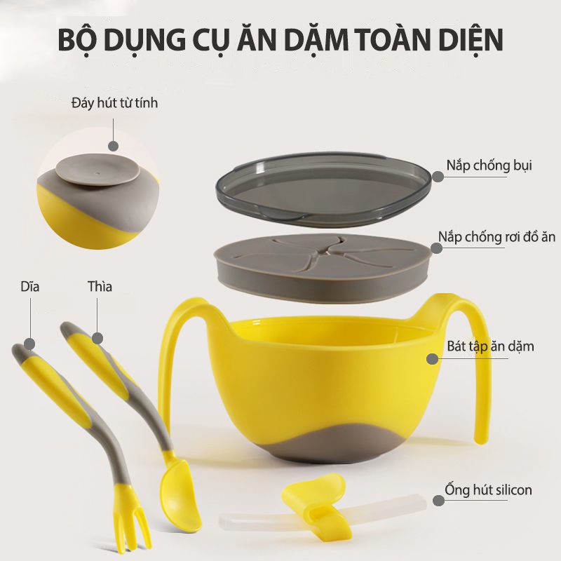 Bộ Bát Ăn Dặm Có Đáy Hút Chống Lật Kèm Thìa Dĩa Bẻ Cong MISUTA An Toàn Cho Bé YOOTA BABY