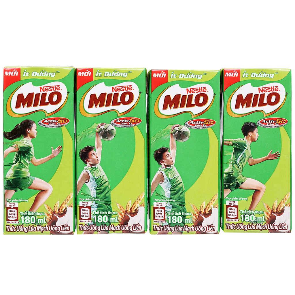 Lốc 4 Hộp Sữa Nestlé Milo Có Đường/ Ít Đường (180ml/ Hộp)