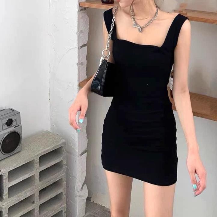 Váy Body 2 Dây Cổ Vuông PEONYB Nữ [FREESHIP] 🌸 Đầm dáng ôm, thun 2s bản to màu đen sexy cá tính Ulzzang HOT 🌸 đẹp