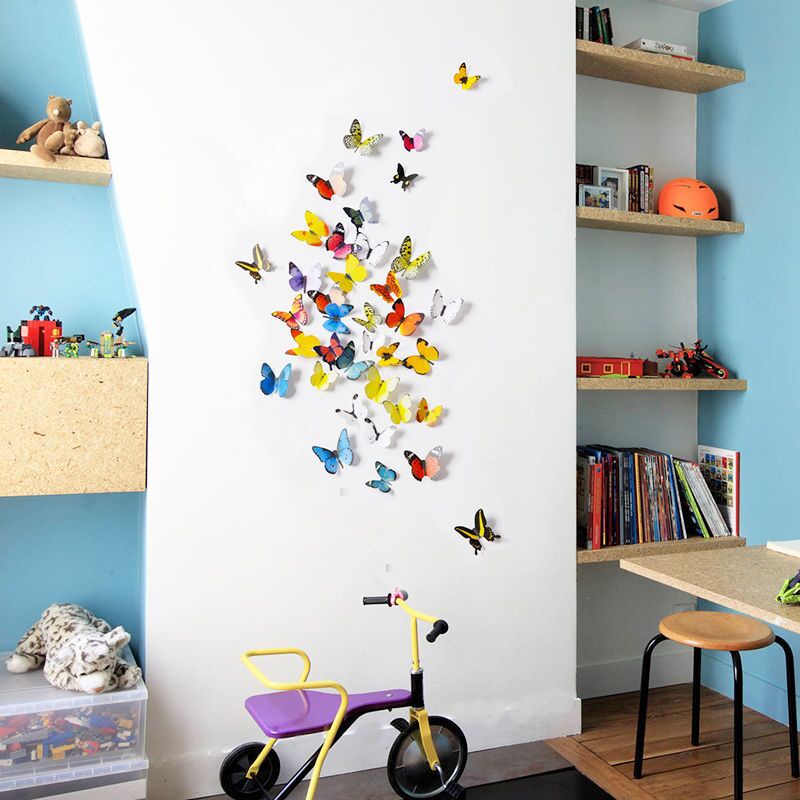 Set 12 miếng dán tường HDOORLINK hình bươm bướm 3D trang trí tiện dụng DIY