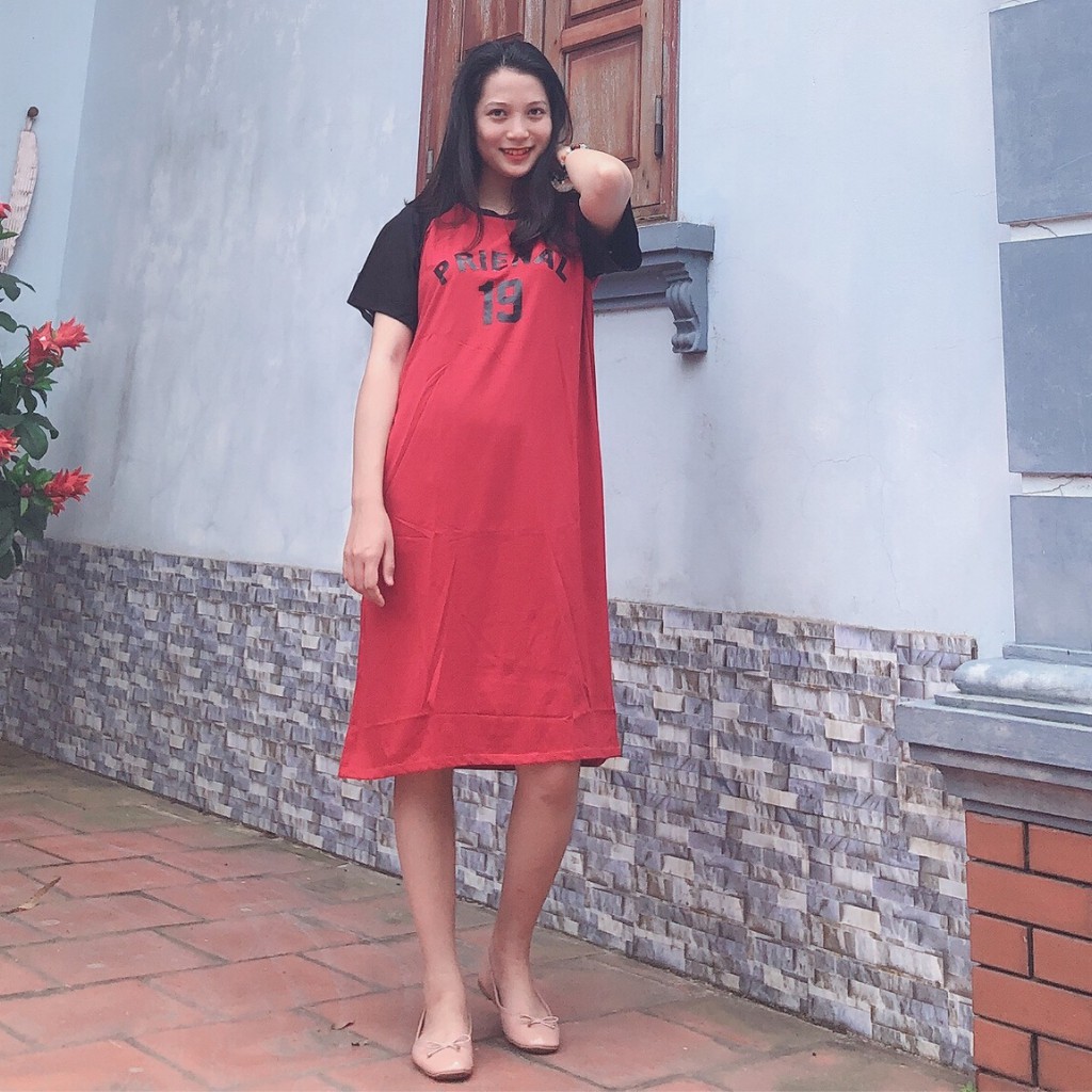Váy bầu xuông in chữ chất cotton 100% freesize từ 45 đến 70Kg