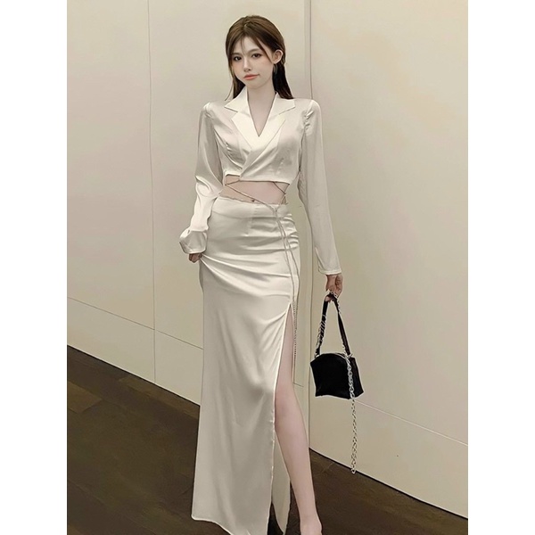 Set áo vest phi croptop tay dài phối đá + chân váy xẻ đùi. Trắng đen Thời trang đầm váy dự tiệc sang trọng sexy quý phái