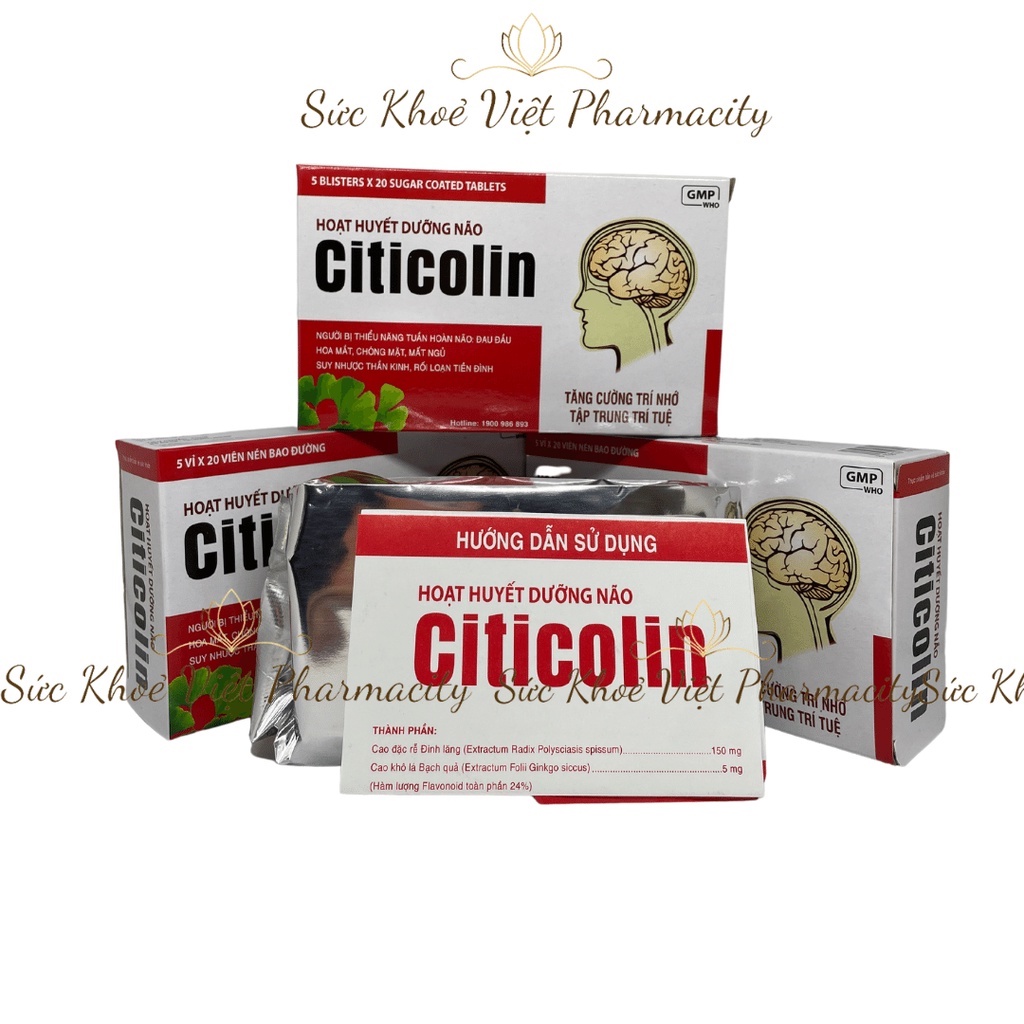 Hoạt huyết dưỡng não Ginkgo biloba Citicolin giảm đau đầu, hoa mắt, chóng mặt - Hộp 100 viên