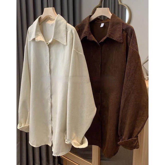 Áo sơ mi nhung nữ vân tăm 2 màu basic - Áo trơn dài tay form rộng kiểu dáng sang chảnh, khuy cài thiết kế Ullzang