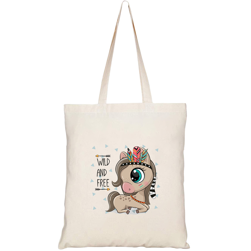 Túi vải tote canvas HTFashion in hình cute cartoon horse feathers on HT431