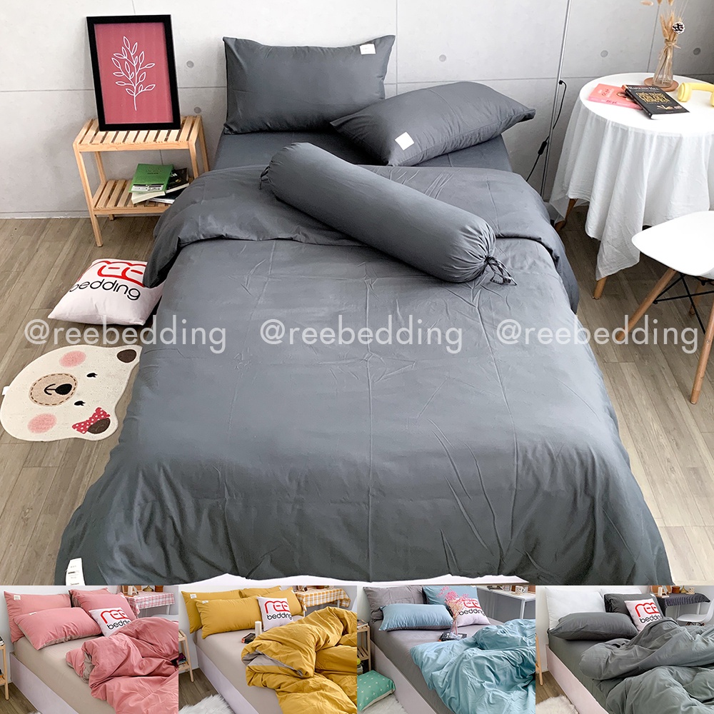 Bộ chăn ga gối 5 món Cotton TC trơn kèm vỏ ôm REE Bedding đủ size giường nệm 1m2, 1m4, 1m6, 1m8, 2m