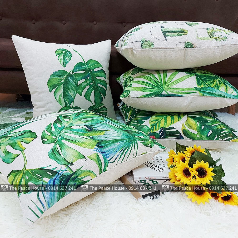 Vỏ gối vuông tựa lưng trang trí sofa 45x45cm hoạ tiết LÁ XANH