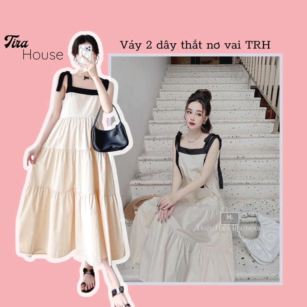 Váy 2 dây đũi thắt nơ vai Tira House đầm maxi đi biển dáng xòe hot trend 2022