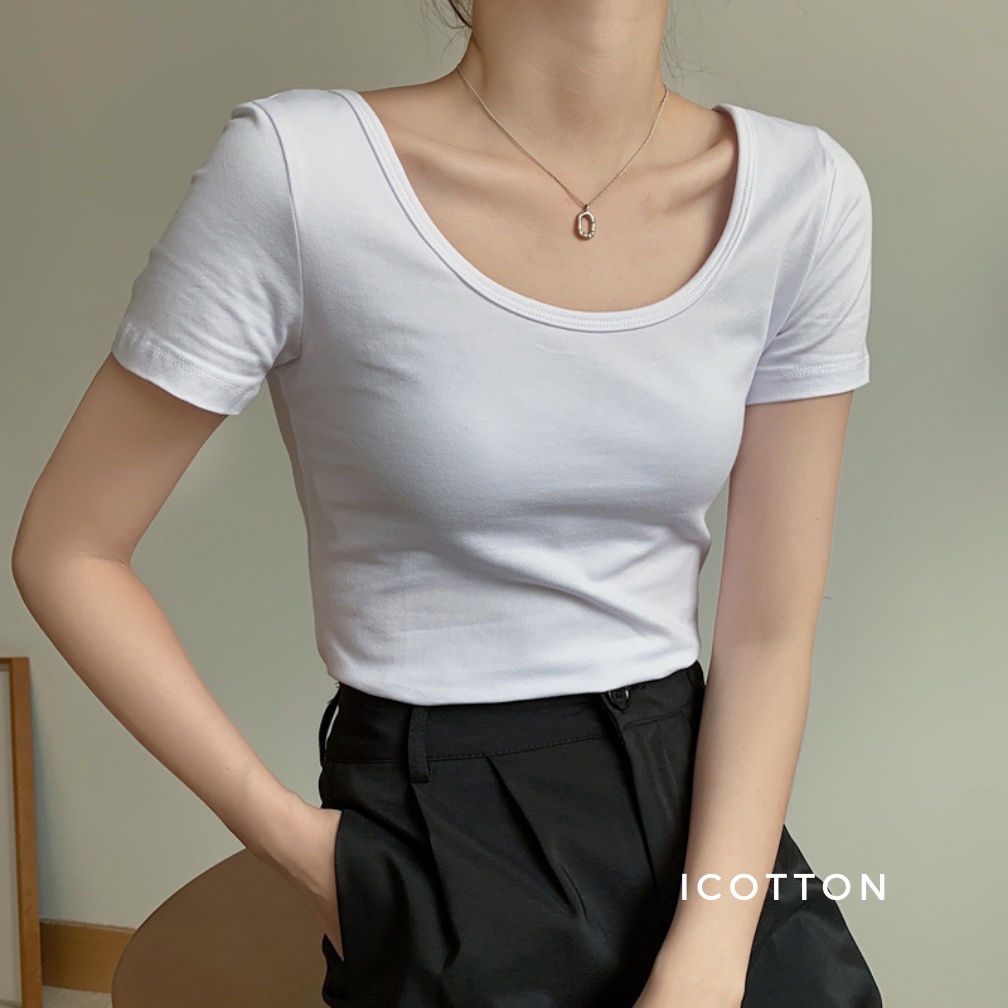 Áo thun nữ cổ vuông cộc tay iCotton form dáng ôm vừa tôn dáng basic chất đẹp cao cấp 100% cotton có biggsize