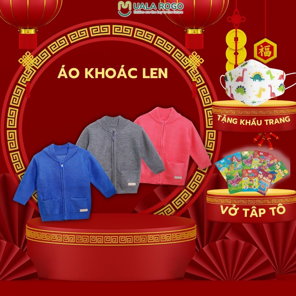 Áo khoác len cho bé Ualarogo 2-12 tuổi kéo khóa dài tay cổ sam có 2 túi trơn 1 màu giữ ấm 7109 7023