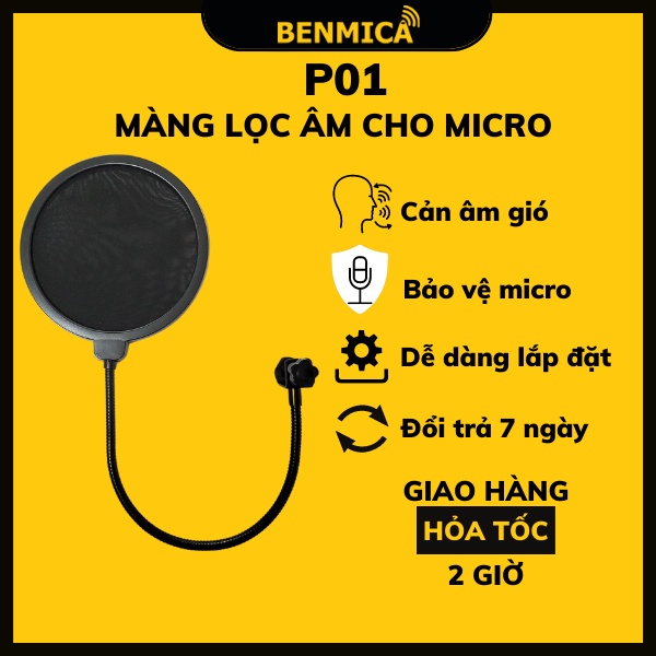 Màng lọc âm cho micro Benmica P01 thiết kế vải 2 lớp, lọc âm gió - Hàng chính hãng