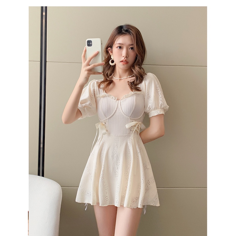 Bộ đồ bơi nữ liền dáng váy chất thun gân phối dây rút siêu xinh 2 màu đen trắng