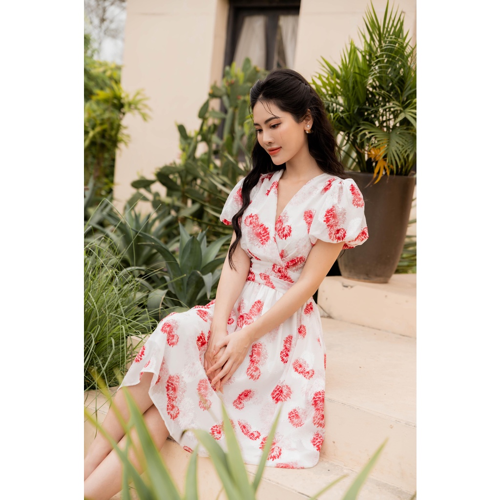 Váy đầm hoa nữ ngắn tay dáng dài cổ V tay bồng bo chun đai eo bản to có lớp lót lụa YAME