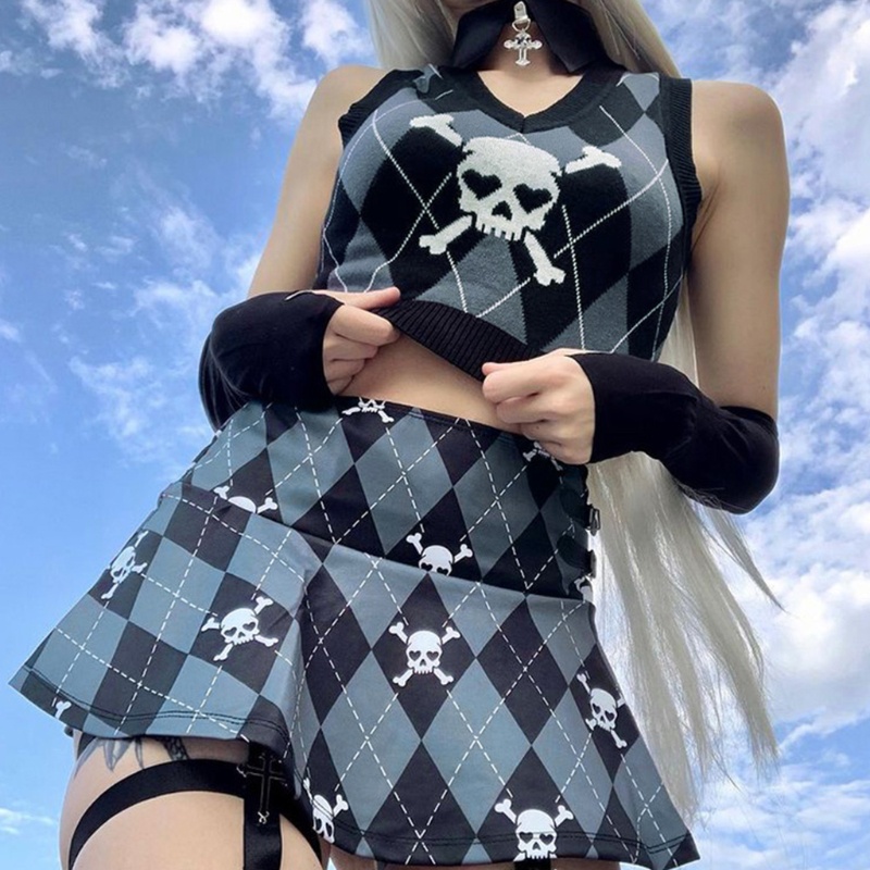 Áo croptop dệt kim không tay họa tiết kẻ sọc đầu lâu phong cách Gothic punk cho nữ