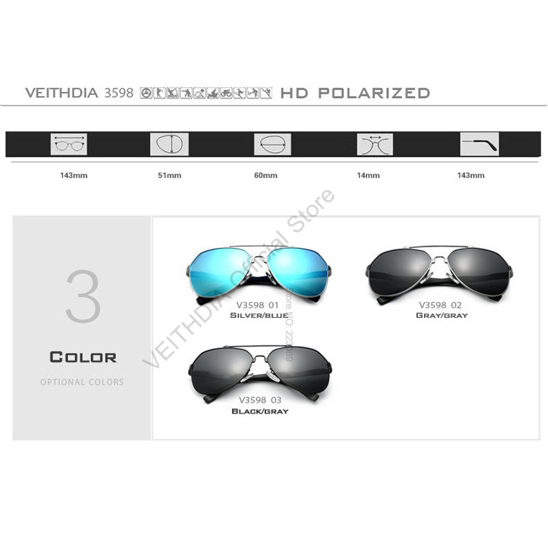 Kính mát VEITHDIA 3598 Phong cách phi công nhôm magiê đầy màu sắc cho nam | BigBuy360 - bigbuy360.vn