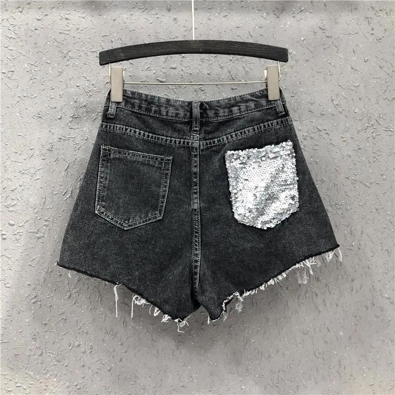 Jiashucheng Quần Short Denim Lưng Cao Dáng Chữ a Đính Kim Sa Lấp Lánh Thời Trang Mùa Hè Dành Cho Nữ