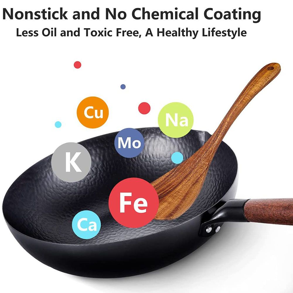 Chảo nấu ăn Trung Hoa bằng thép carbon với tay cầm gỗ dài 12.5&quot;