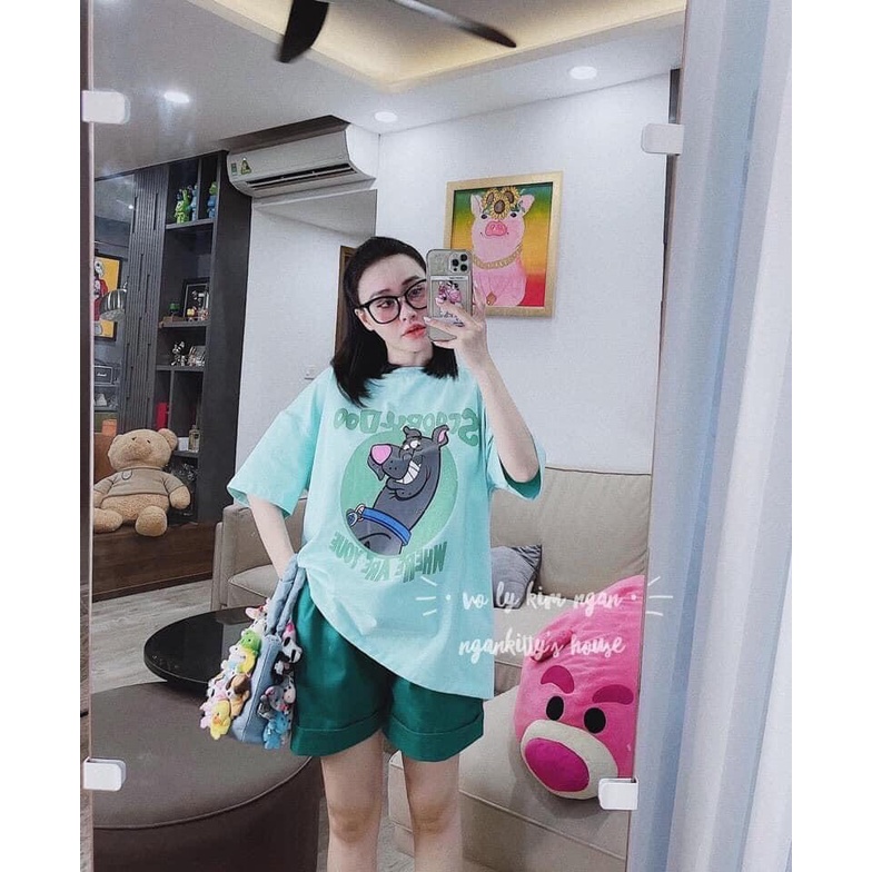 Bộ đồ quần đùi kèm áo phông nữ xanh Chú Chó Tinh Nghịch, sét đồ mặc nhà nữ quần đùi áo thun mặc nhà thể thao năng động