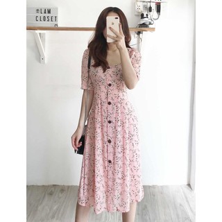 ĐẦM VINTAGE HOA NHÍ TAY NGẮN PHỐI NÚT GỖ THẮT NƠ EO